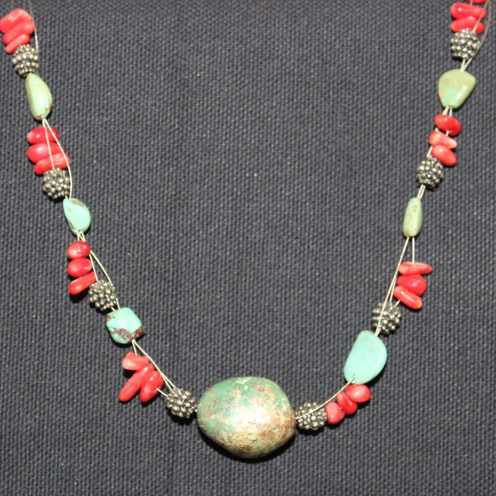 Turquoise and Red Coral Artisan Women's Necklace